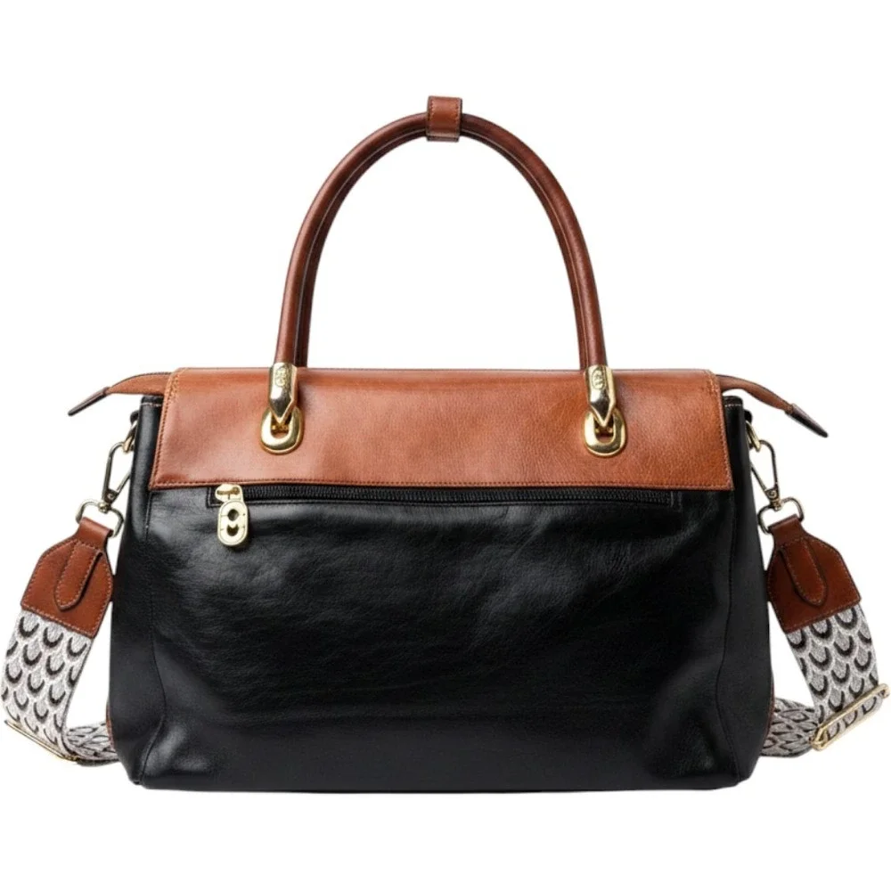 Vintage Marino Orlandi Italian Designer Leather Bag Black Cognac Made in Italy